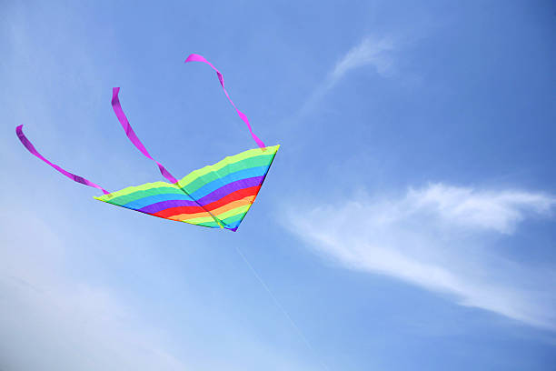istock colorful striped kite flying in blue sky 119722562