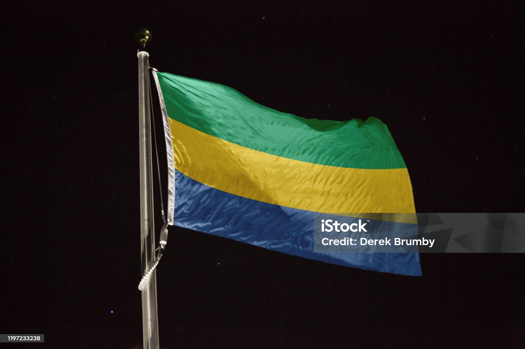 Gabon vlag waait in de wind 's nachts - Royalty-free Gabon Stockfoto