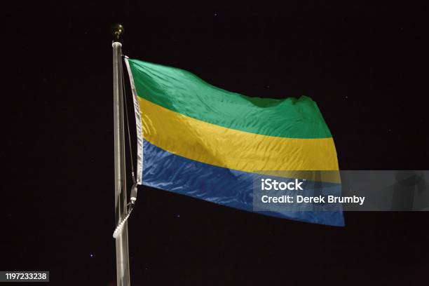 Gabon Vlag Waait In De Wind S Nachts Stockfoto en meer beelden van Gabon - Gabon, Paal, Vlag