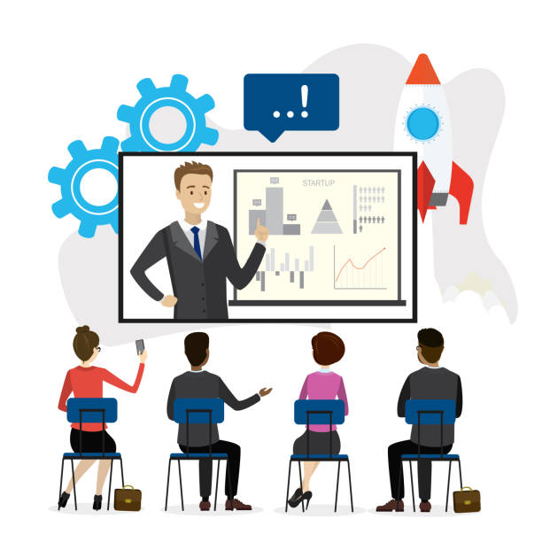 ilustrações de stock, clip art, desenhos animados e ícones de group of business people sits in audience and watches webinar from big screen. corporate training and meeting successful leadership - cartoon business meeting training