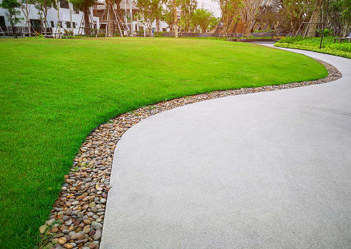 Smooth green grass lawn and gray curve pattern walkway, sand washed finishing on concrete paving with brown gravel border, trees with supporting and shrub in a good care maintenance landscape and garden