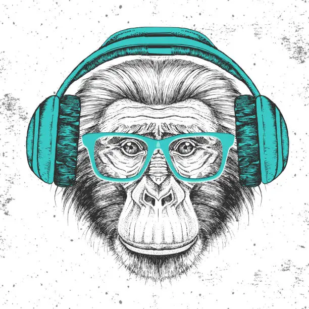 Vector illustration of Hipster animal monkey with headphones. Hand drawing Muzzle of animal chimpanzee