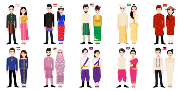 set von 20 asiatischen männer und frauen zeichentrickfiguren in traditioneller tracht mit flagge vektor - laos stock-grafiken, -clipart, -cartoons und -symbole