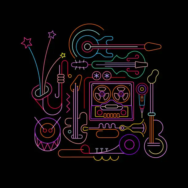 Vector illustration of Old Tape Recorder and Musical Instruments