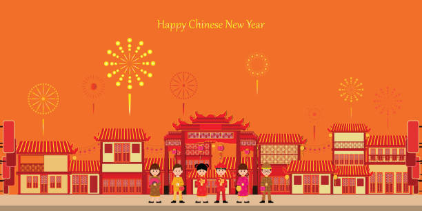 ilustraciones, imágenes clip art, dibujos animados e iconos de stock de la ciudad china celebra la fiesta de año nuevo en china town. - china year new temple