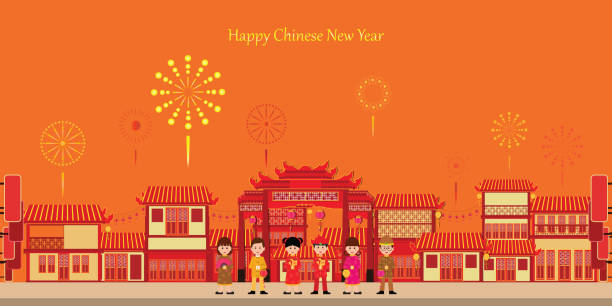 китайский город празднует новый год в китайском городе. - china year new temple stock illustrations