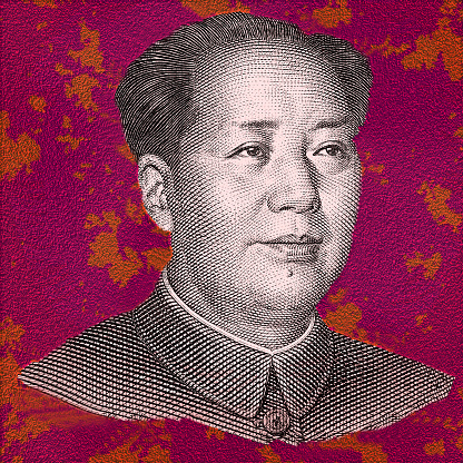 Mao Zedong  portrait close up isolated on multicolor background. Fragment of chinese banknote