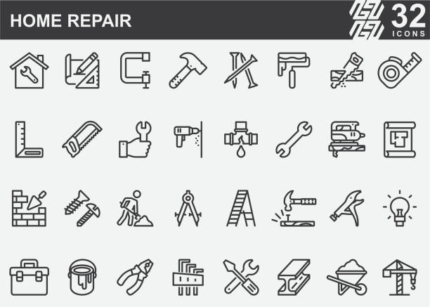 illustrazioni stock, clip art, cartoni animati e icone di tendenza di icone della linea di riparazione e costruzione della casa - trapani