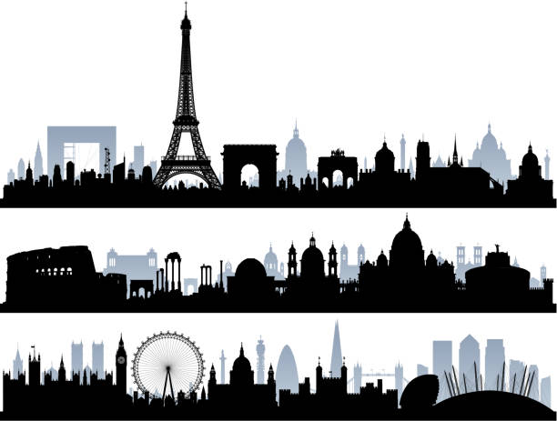 파리, 로마, 런던 (모든 건물은 완전하고 이동 가능) - rome italy skyline silhouette stock illustrations