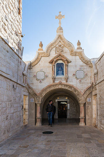 Jerusalem, Israel, December 28, 2018 : The main entrance to the Milk Grotto Church in Bethlehem in Palestine
