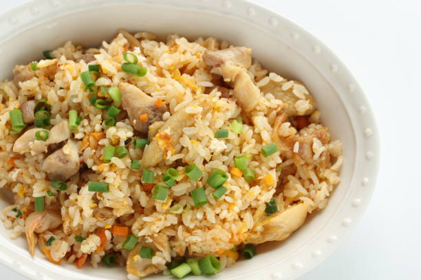 istock Korean food, chicken and kimchi fried rice with spring onion 1197245030