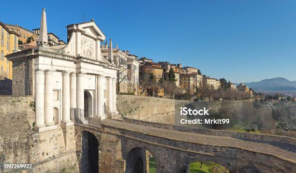 Bergamo Italy The Old Town Landscape At The Ancient Gate Porta San Giacomo And The Venetian Walls An Unesco World Heritage Stock Photo - Download Image Now