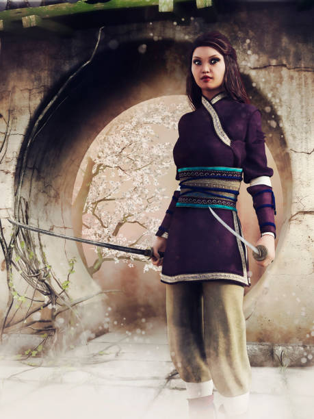 istock Japanese warrior woman with swords 1197251901
