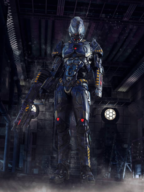 istock Futuristic soldier in a warehouse 1197251949
