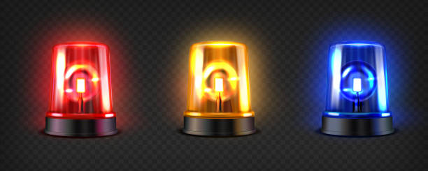 Realistic  led flashers set. Red, blue and orange lights. Transparent beacon for different emergency situations. Realistic  led flashers set. Red, blue and orange lights. Transparent beacon for different emergency situations. Illustration on a dark background. emergency siren stock illustrations