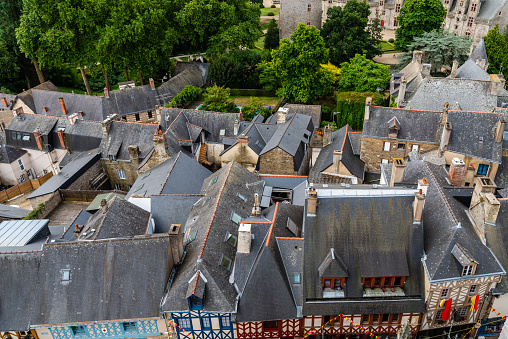 Slate roofs in medieval town. Josseline, Morbihan department, Brittany, France