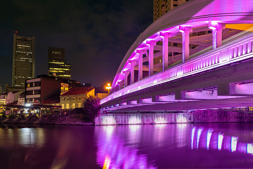 Colourful Elgin Bridge in Singapore at night. Elgin Bridge is a vehicular bridge across the Singapore River.