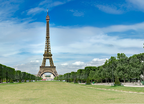 Panorama of iconic Eiffel Tower (1889) symbol of Paris and Champ-De-Mars park