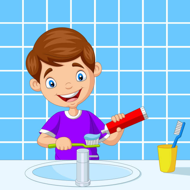 ilustraciones, imágenes clip art, dibujos animados e iconos de stock de lindo niño cepillado dientes en el baño - house home interior small human hand