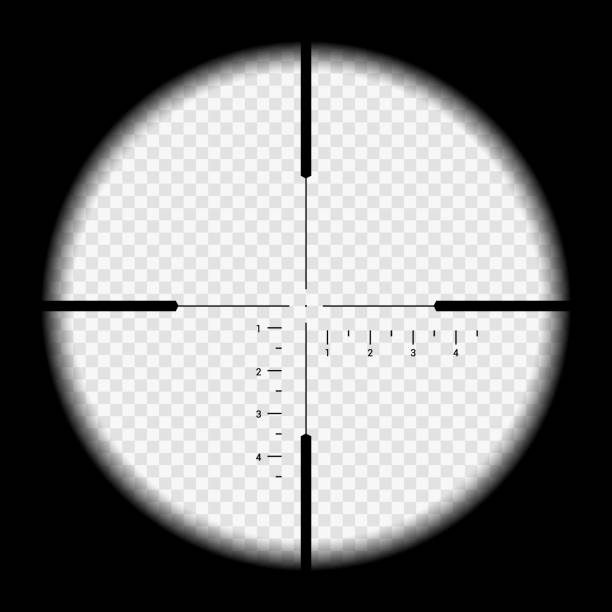 ilustraciones, imágenes clip art, dibujos animados e iconos de stock de ilustración realista mirando a través de la cruz de francotirador con números de medición y marcadores. rifle de visión óptica sobre fondo transparente - vector - telescopic sight