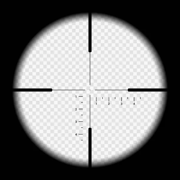 Vector illustration of Realistic illustration looking through sniper crosshair with measuring numbers and markers. Optical sight rifle on transparent background - vector