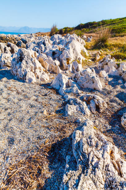 skalista plaża na wyspie korfu - travel destinations rocky coastline moody sky clear sky zdjęcia i obrazy z banku zdjęć