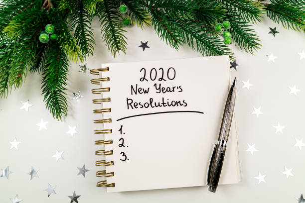 istock New year resolutions 2020 on desk. 2020 goals list with notebook, pen and christmas tree on white background. Goal, plan, strategy, change, idea concept 1197261941