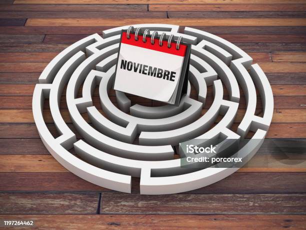 Circular Maze With Noviembre Calendar On Wood Floor Spanish Word 3d Rendering Stock Photo - Download Image Now