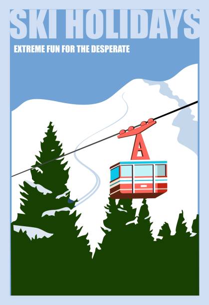 Vintage Winter background, poster. Red ski Lift Gondolas moving in Snow Mountains Vintage Winter background, poster. Red ski Lift Gondolas moving in Snow Mountains. snowy road overhead stock illustrations