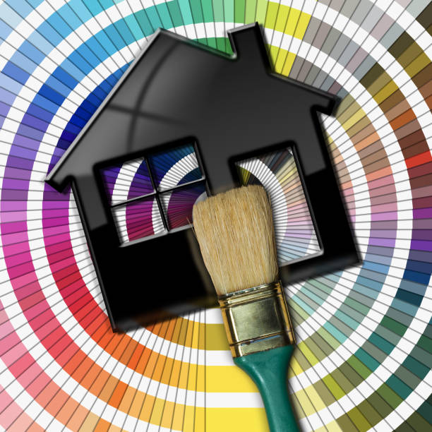 brosse à peinture et maison modèle sur un guide de palette de couleur - building activity home decorating architecture three dimensional shape photos et images de collection