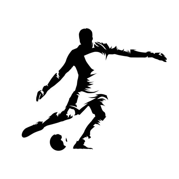 torwart kicken ball, fußballer, tinte zeichnung. isolierte vektorsilhouette - soccer vector silhouette professional sport stock-grafiken, -clipart, -cartoons und -symbole