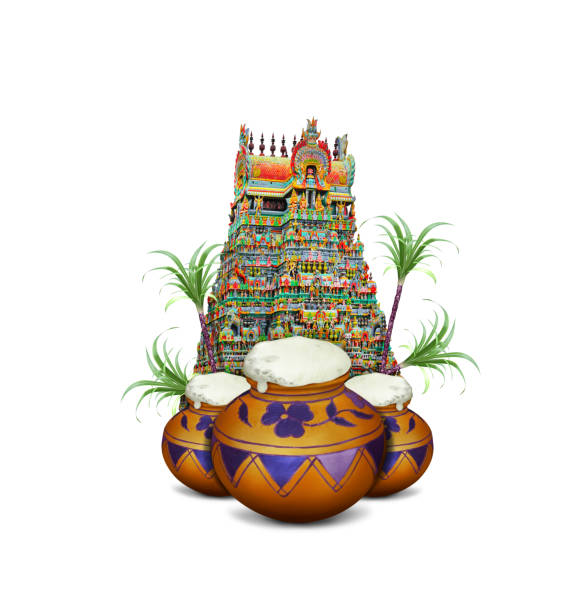 istock Pongal  traditional mud pot and gopuram 1197269804