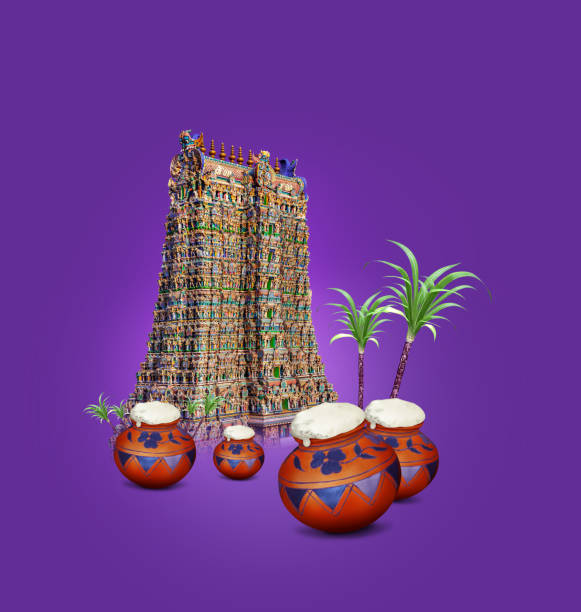 istock Pongal Composition with traditional mud pot and gopuram 1197269805