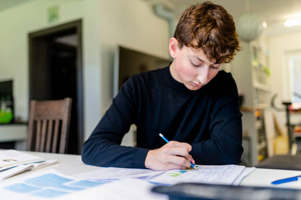 istock Young male student doing homework at home 1197270835