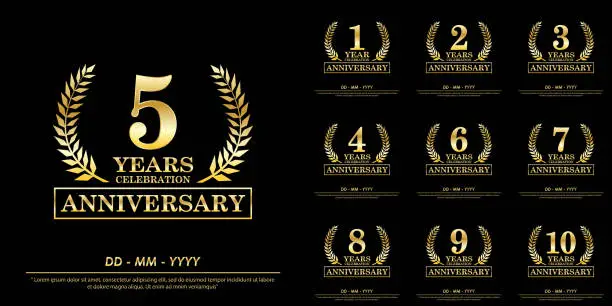 Vector illustration of set of 1st-10th anniversary celebration emblem. elegance golden anniversary awards logo isolated on black background, vector illustration template design for celebration greeting card and invitation