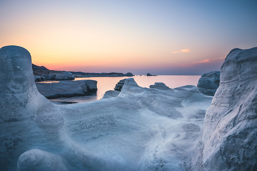Idyllic white rock formations in Sarakiniko beach in Milos island (Cyclades, Greece).