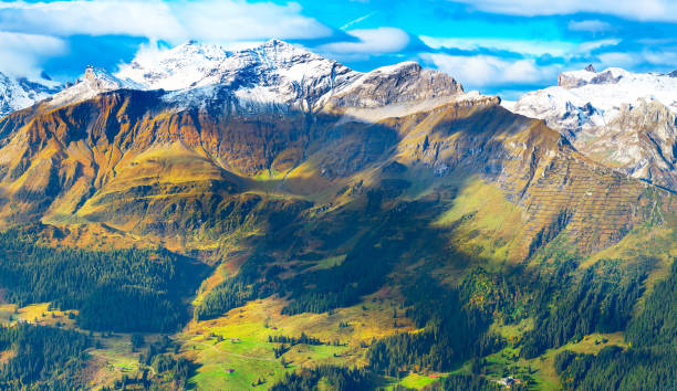 panorama of swiss alps first snow, switzerland - monch sun snow european alps imagens e fotografias de stock