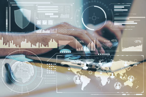 istock Business technology concept with data analysis on digital screen and man hands typing on laptop. Double exposure. 1197280642