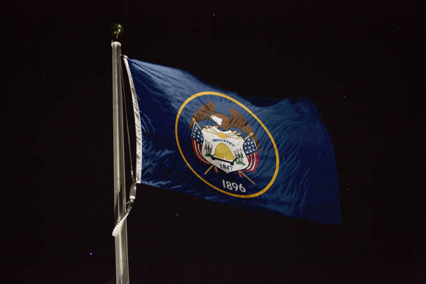 istock Utah flag blowing in the wind at night 1197280973