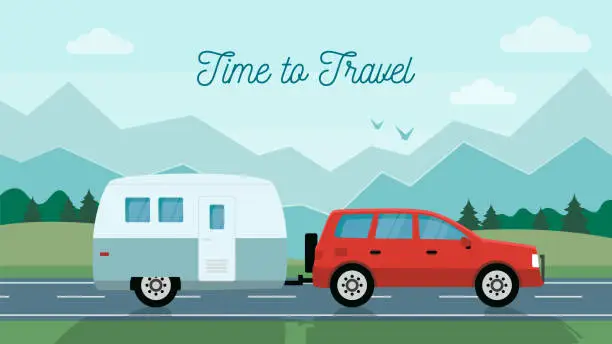 Vector illustration of Time to travel concept. Travelling by car with travel trailer in the mountains. Flat style. Vector illustration