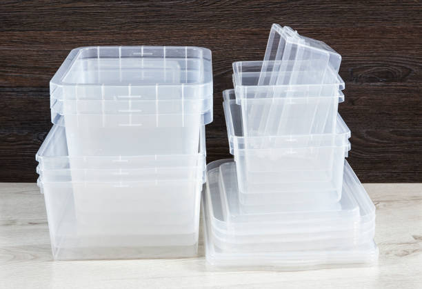 istock Lot of empty clear plastic storage boxes stacked. Ready for home organizing sorting concept. 1197282861
