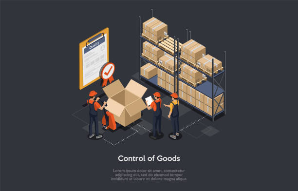 ilustrações de stock, clip art, desenhos animados e ícones de isometric control of goods concept. warehouse workers are checking goods, certificate of quality with checkmark for stock quality, quality control of cardboard parcel boxes, process of packaging cargo - warehouse