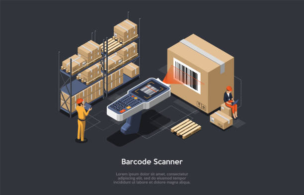 Isometric warehouse manager or warehouse worker with big barcode scanner is checking goods. Process of scanning, loading and unloading goods. Stock taking job. Vector illustration Isometric warehouse manager or warehouse worker with big barcode scanner is checking goods. Process of scanning, loading and unloading goods. Stock taking job. Vector illustration. warehouse stock illustrations