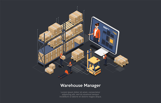 Isometric warehouse online manager concept. The process of online warehouse management compositions including loading and unloading cargo, inventory sorting and storage. Vector illustration.
