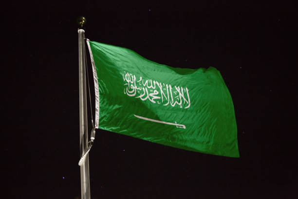 istock Saudi Arabia flag blowing in the wind at night 1197283290