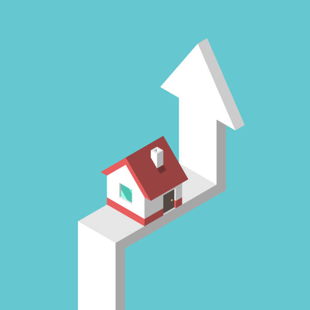 Isometric house on arrow Isometric house on arrow on turquoise blue. Rise, growth, price, investment and real estate concept. Flat design. EPS 8 vector illustration, no transparency, no gradients moving up illustrations stock illustrations