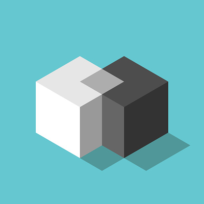 Cubes merging. Merger, teamwork, negotiation, unification concept. Two isometric white and black blocks uniting on turquoise blue. Flat design. EPS 8 vector illustration, no transparency, no gradients