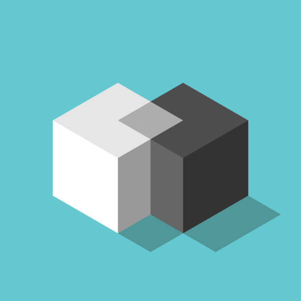 Two isometric cubes merging Cubes merging. Merger, teamwork, negotiation, unification concept. Two isometric white and black blocks uniting on turquoise blue. Flat design. EPS 8 vector illustration, no transparency, no gradients cooperation illustrations stock illustrations