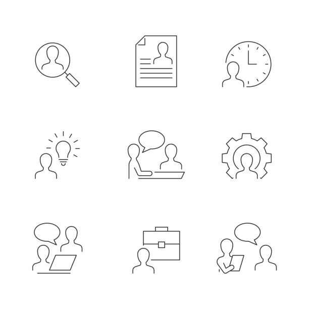 Head hunting line icons on white background Head hunting line icons on white background. Find candidate, interview and other icons of human resources. Editable stroke interview event icons stock illustrations