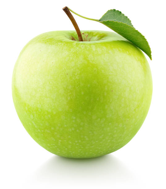 istock Green apple fruit with green leaf isolated on white 1197289935